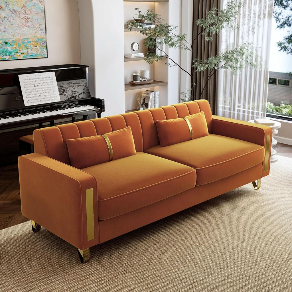 2 Piece Orange Velvet Loveseat Couch Set With Gold Metal Legs 86 Inch Living Room Sofa With 4 Pillows ShipItFurniture