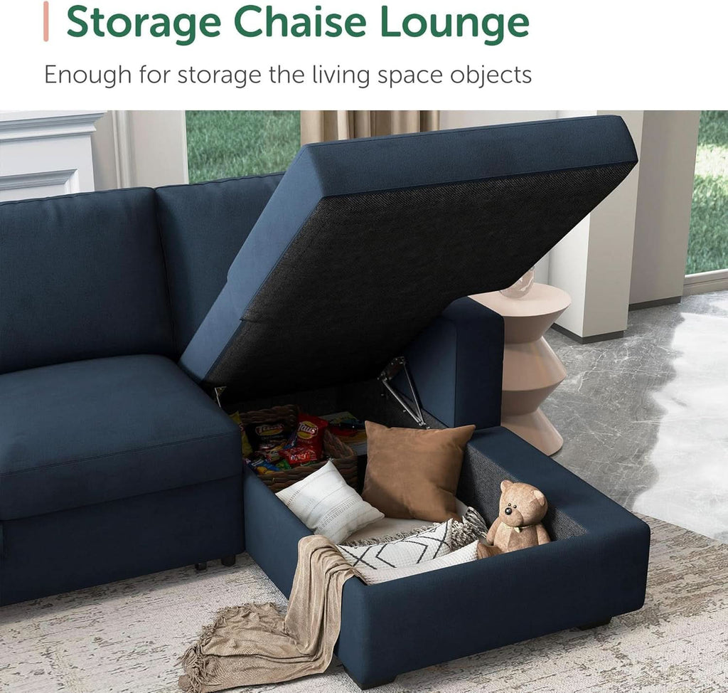 Blue Velvet U Shaped Sleeper Sofa With Pull Out Bed ShipItFurniture
