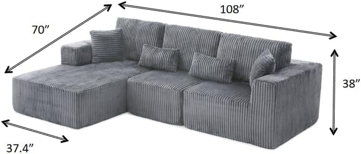 108 Inch Cloud Sectional Sofa Grey Ultra Soft Chenille ShipItFurniture