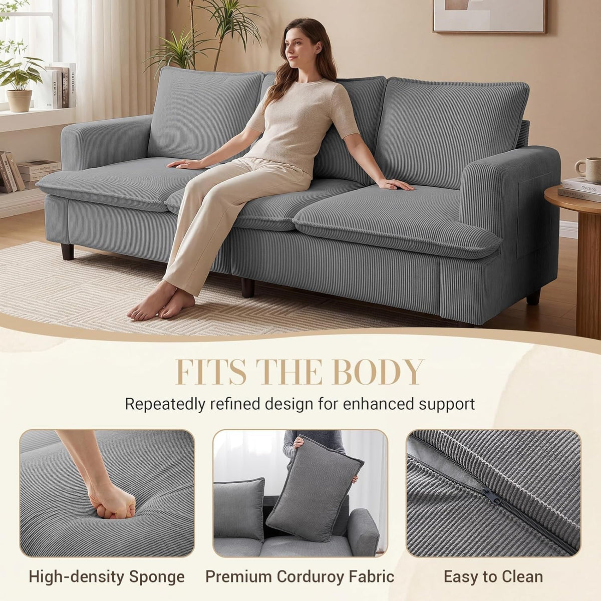 83 Inches Corduroy Fabric Upholstery 3 Seater Deep Seat Sofa ShipItFurniture