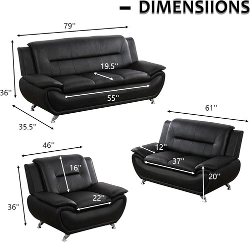 3 Piece Black Sofa Set Modern Living Room Couch Set Sofa Loveseat Chair For Home Decor ShipItFurniture