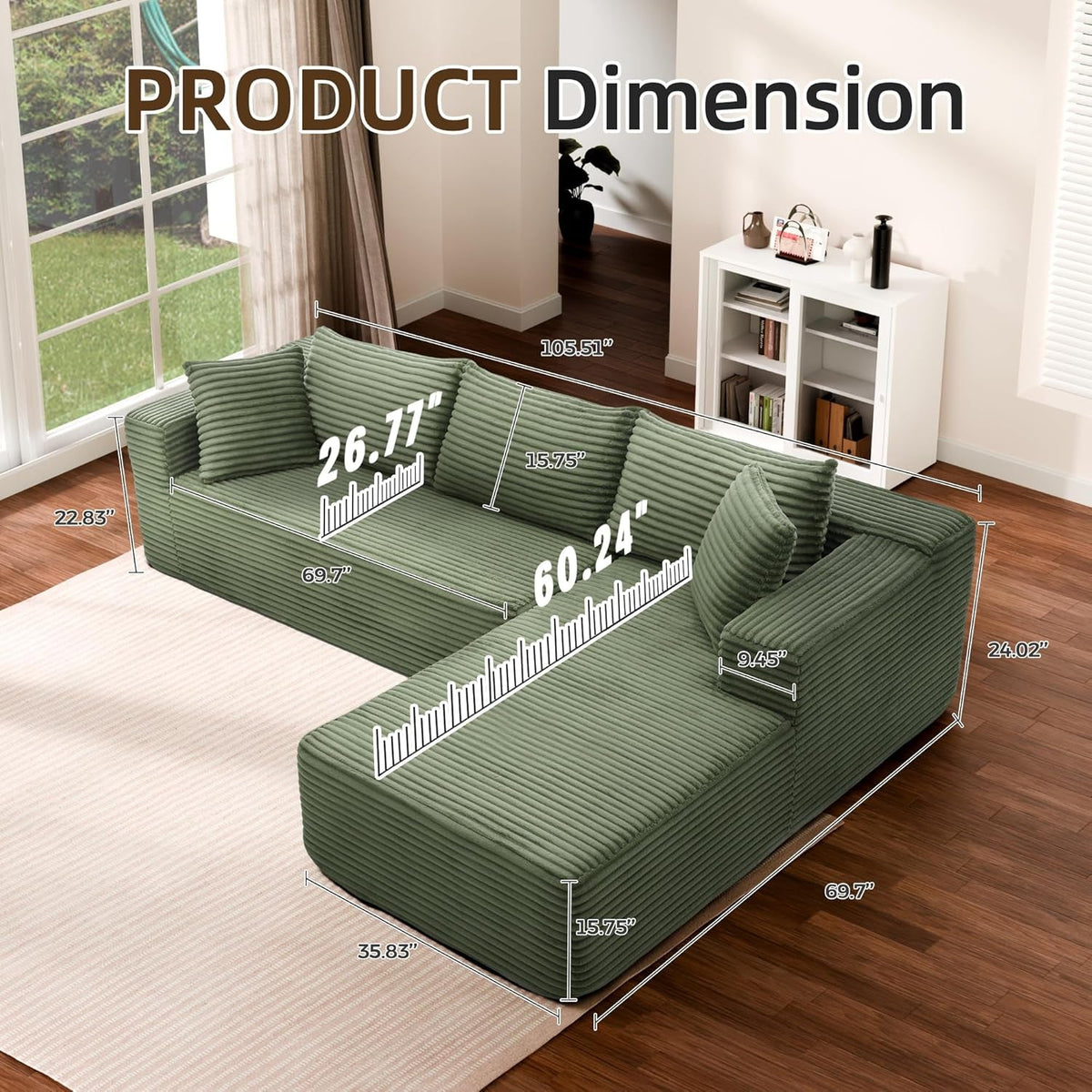 Green 106Inch Modular Sectional Sofa Luxurious Living ShipItFurniture