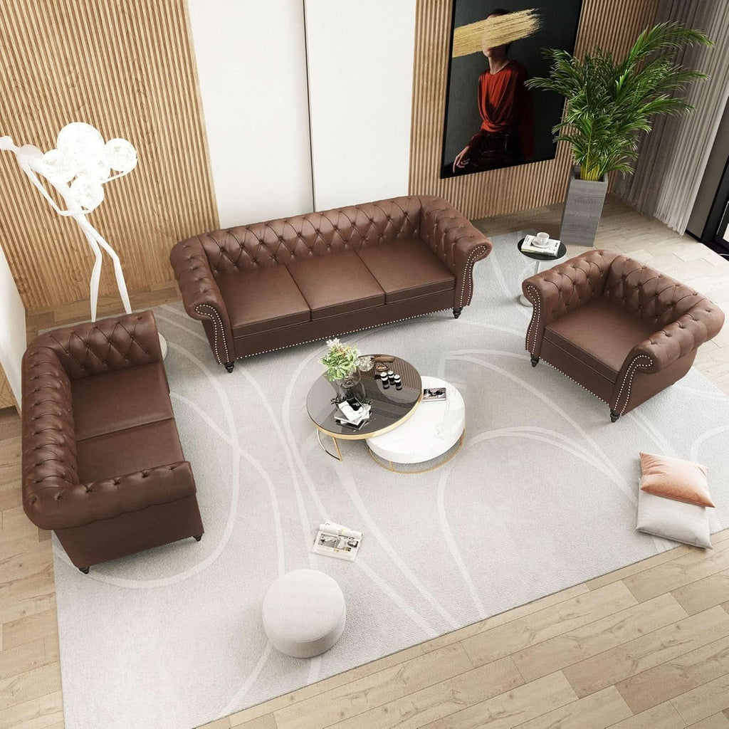 3 Piece Chesterfield Leather Sofa Set With Rolled Arms And Nailhead Trim Modern Brown Living Room Set ShipItFurniture