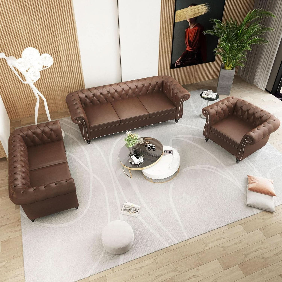 3 Piece Chesterfield Leather Sofa Set With Rolled Arms And Nailhead Trim Modern Brown Living Room Set ShipItFurniture