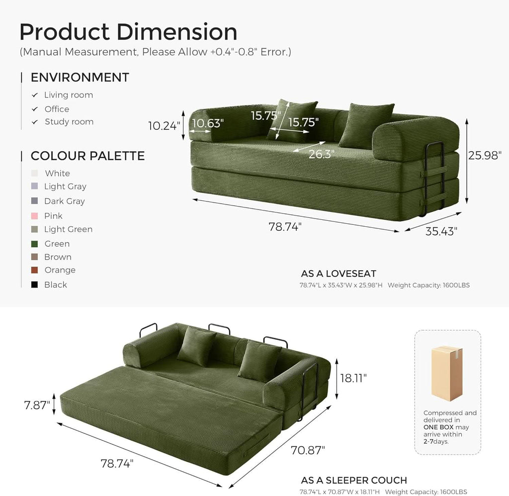 Green Convertible Sofa Bed With Removable Armrests ShipItFurniture