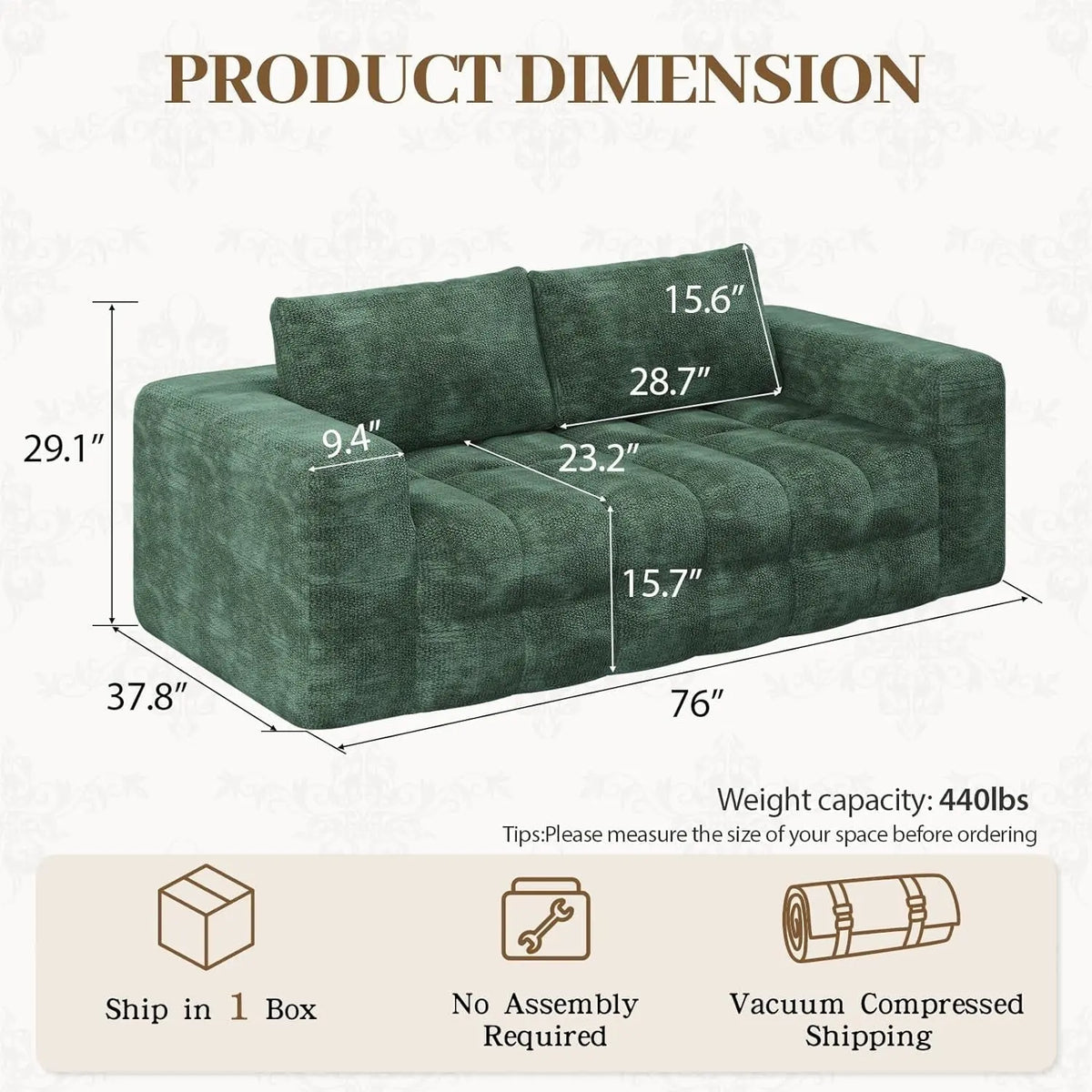 76 Inch Oversized Dark Emerald Velvet Chenille Couch ShipItFurniture