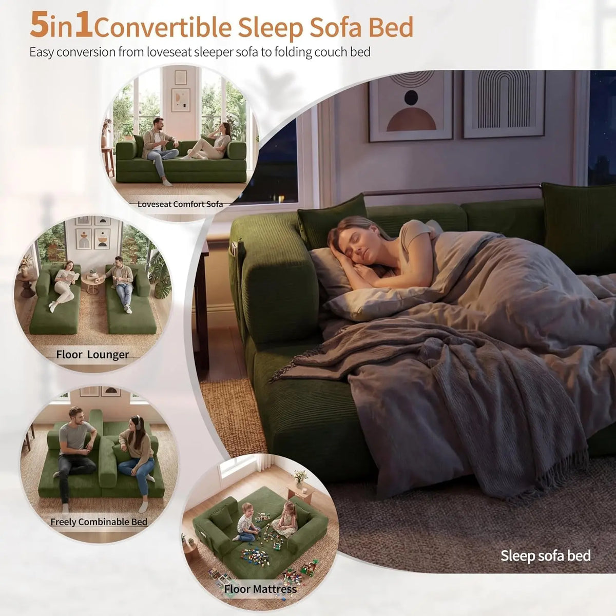 Emerald 78.8 Inches Transformable Sleeper Couch Bed ShipItFurniture
