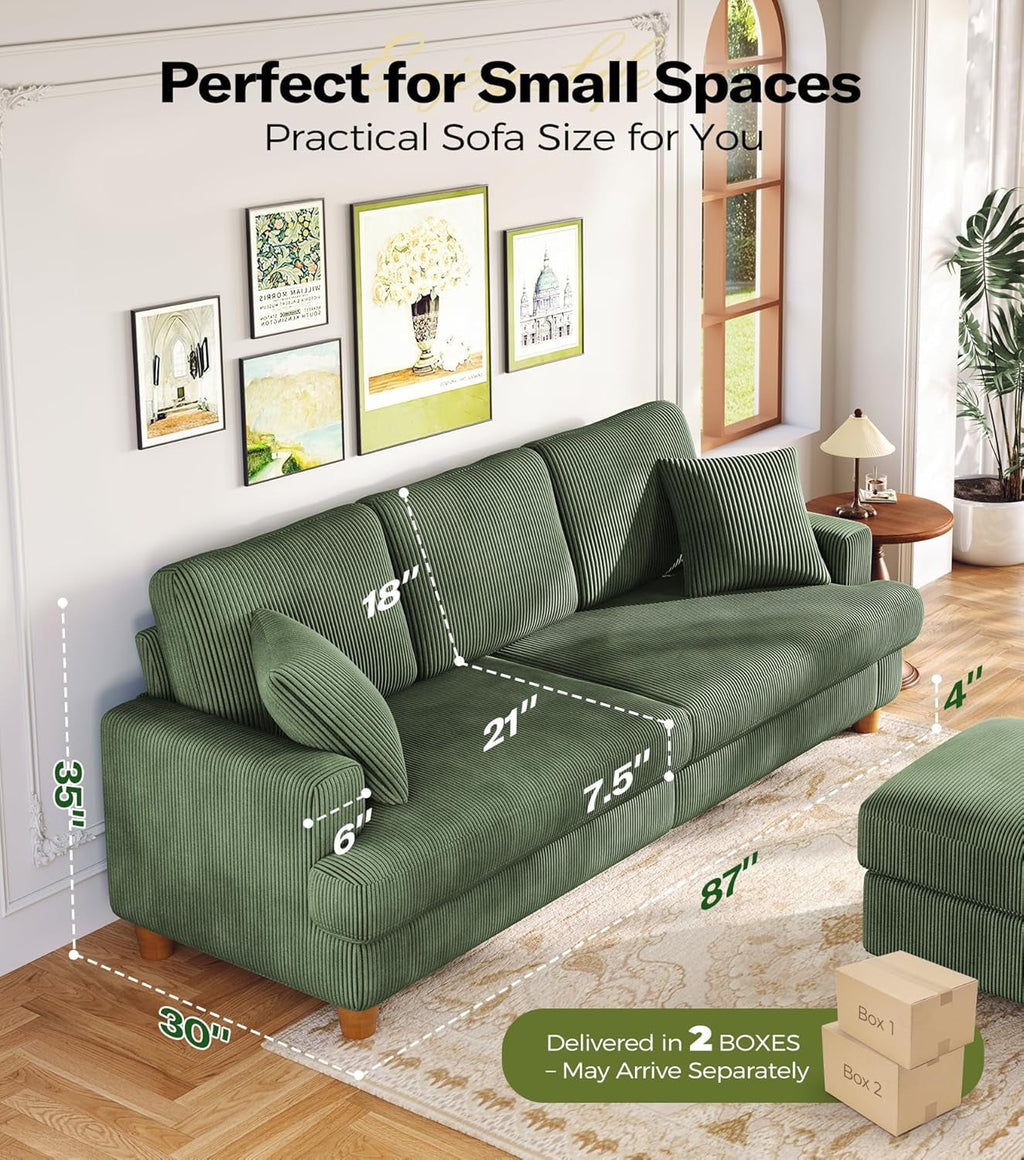 Corduroy Sofa Eighty SevenInch Deep Seat Green Living Room Comfort ShipItFurniture