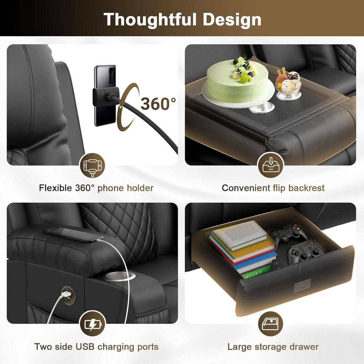 Three Seat Recliner Sofa With Flip Backrest And USB Ports ShipItFurniture