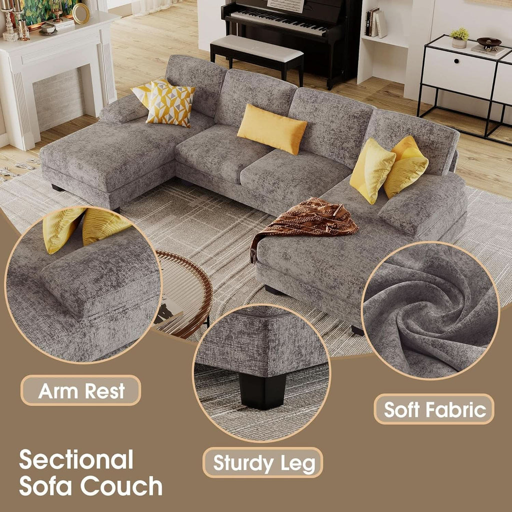Grey Linen U Shaped Sectional Sofa Couch 4 Seat With Double Chaise ShipItFurniture