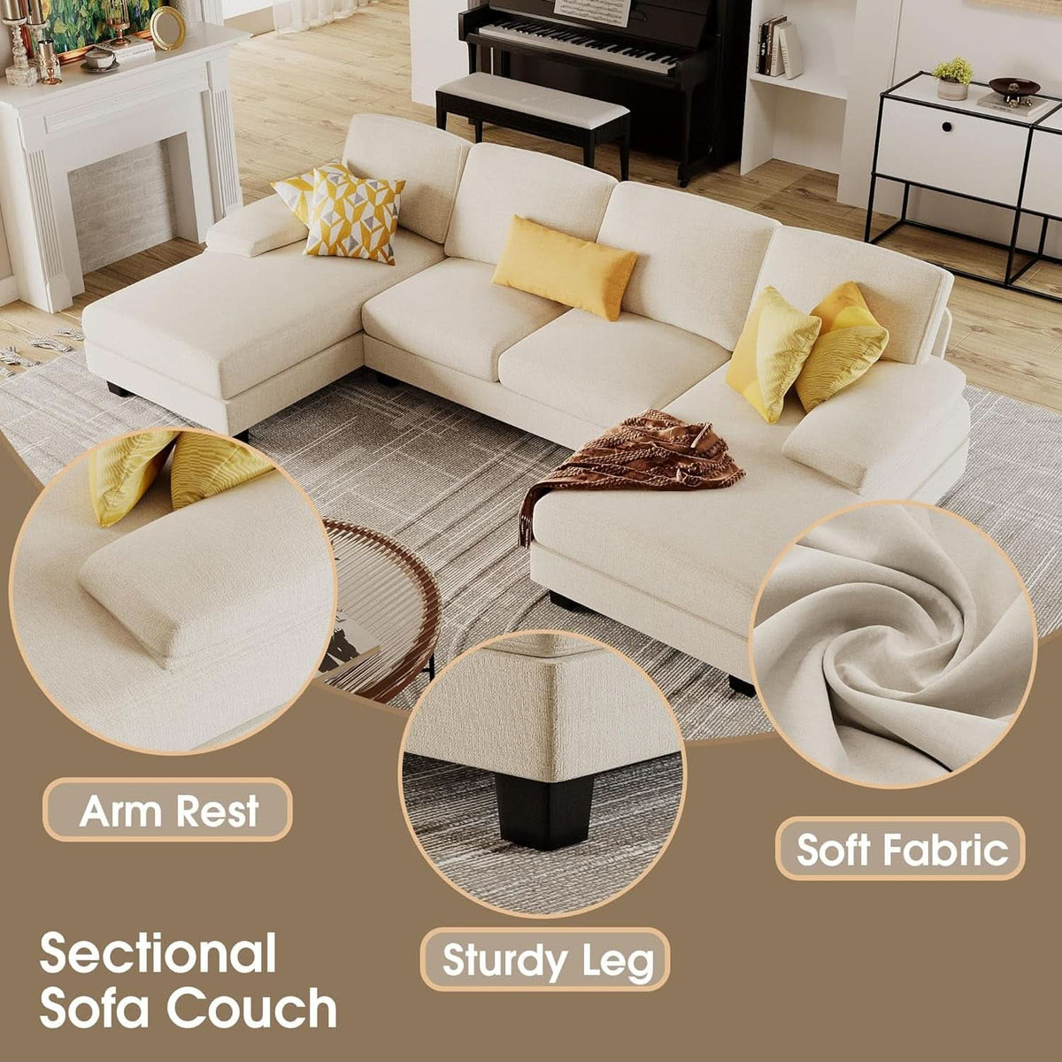 White Linen Sectional Sofa U Shaped 4 Seat Chaise Couch ShipItFurniture