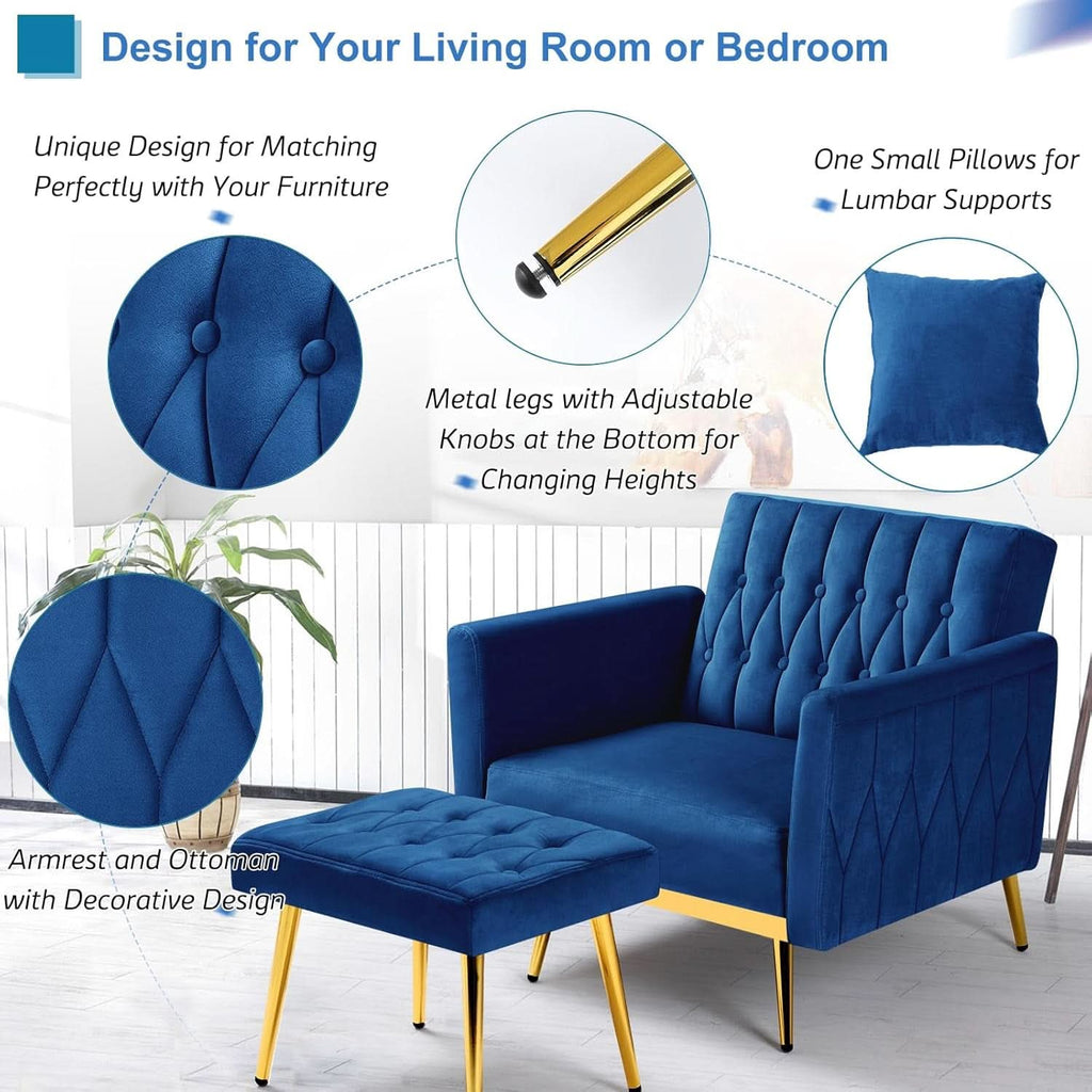 Velvet Futon Sofa Set Two Piece With Convertible Sofa Bed And Tufted Accent Chair In Blue ShipItFurniture