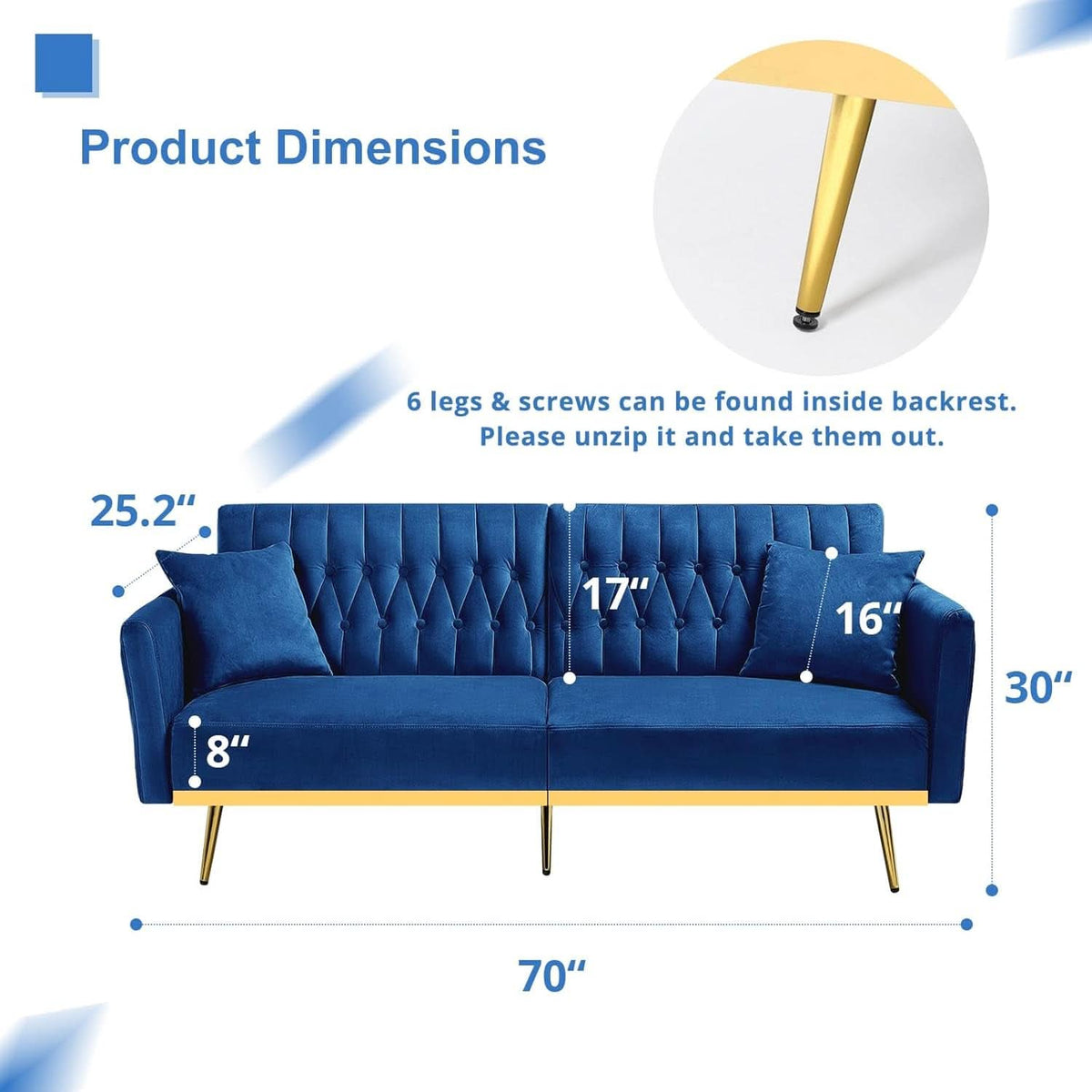 Velvet Futon Sofa Set Two Piece With Convertible Sofa Bed And Tufted Accent Chair In Blue ShipItFurniture