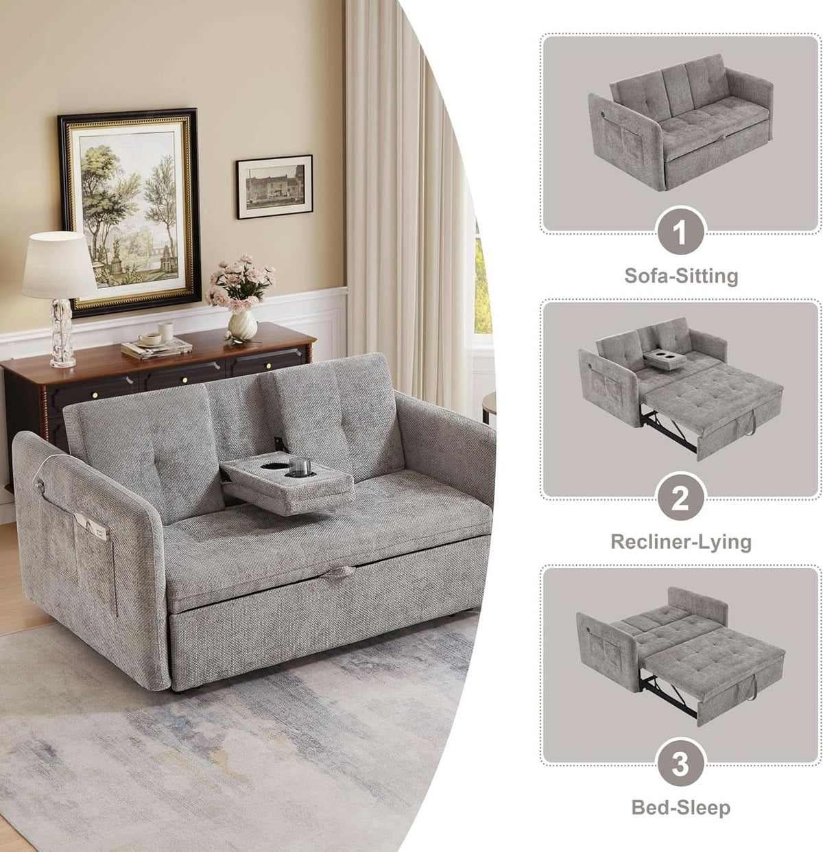 57 Inch Convertible Sofa Bed With USB Charging Ports Grey ShipItFurniture
