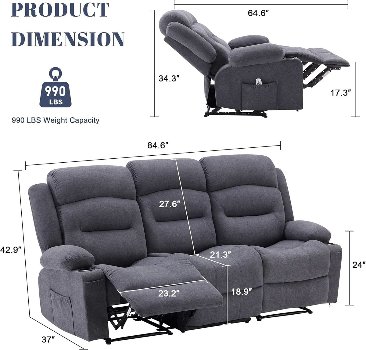 Grey Recliner Sofa With Therapeutic Massage Experience ShipItFurniture