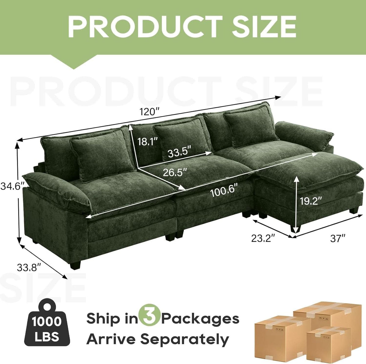 120Inch Green Modular Sectional Sofa Featuring Ottoman ShipItFurniture