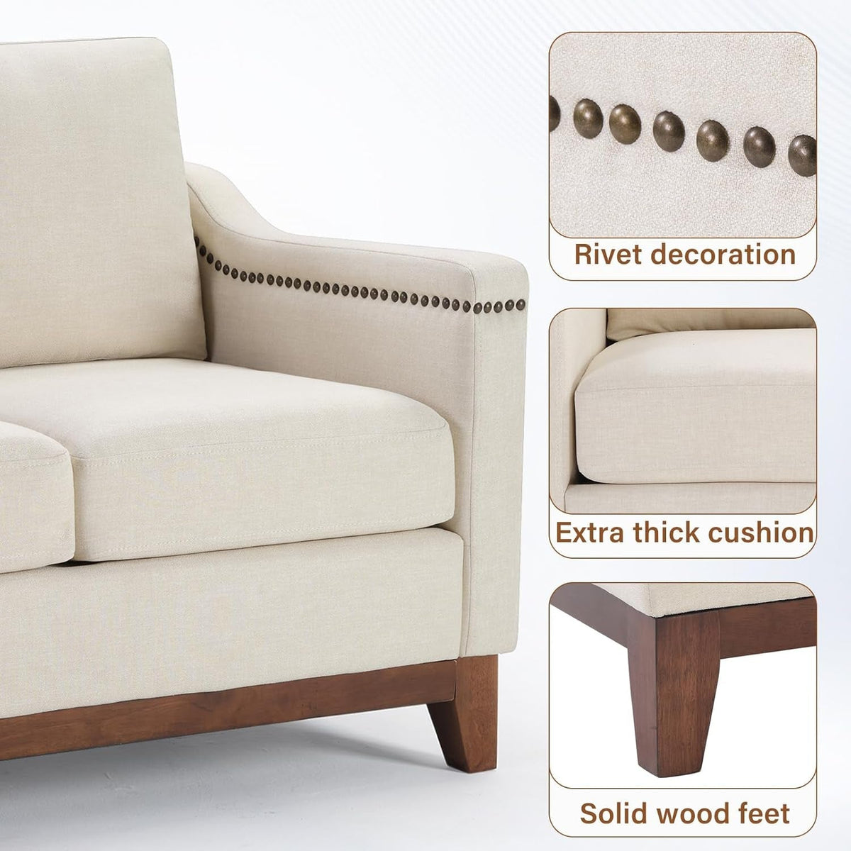 Beige ThreeSeater Upholstered Sofa With Nailhead Trim ShipItFurniture