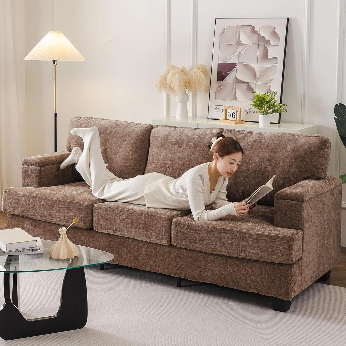 85 Inch L Shaped Couch Armrest Organizer Movable Ottoman ShipItFurniture