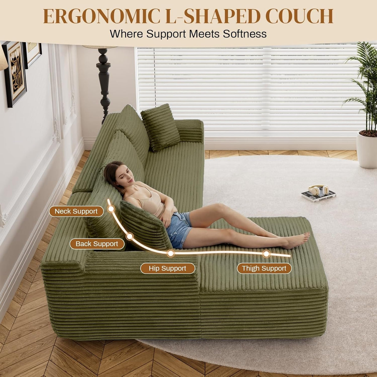 95 Inch Boneless Cloudlike Sectional Sofa MemoryFoam ShipItFurniture