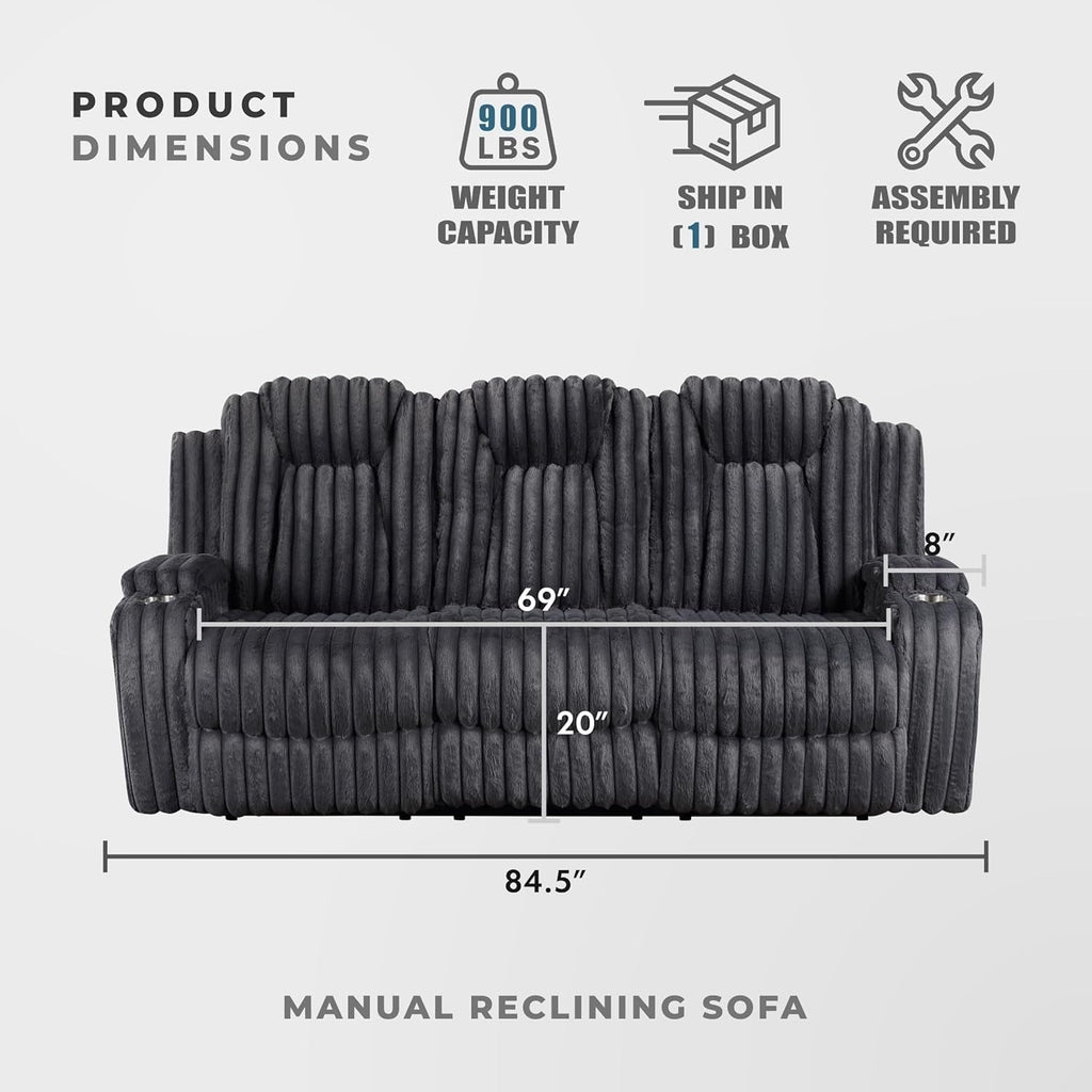 Corduroy Manual Reclining Sofa Dark Gray Three Seater ShipItFurniture