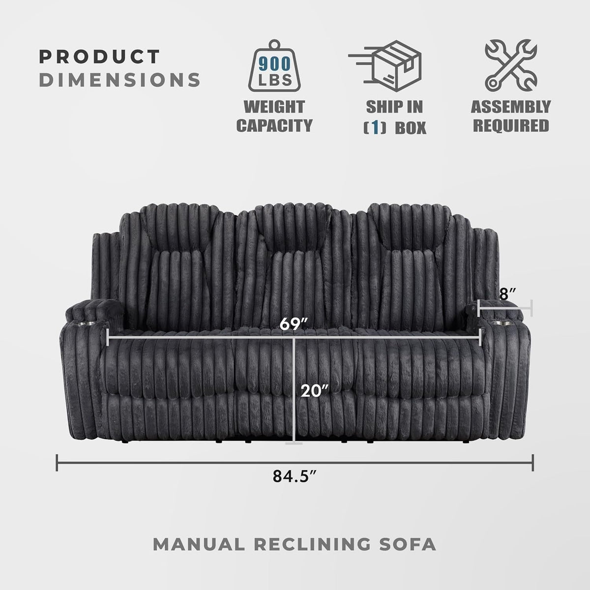 Corduroy Manual Reclining Sofa Dark Gray Three Seater ShipItFurniture