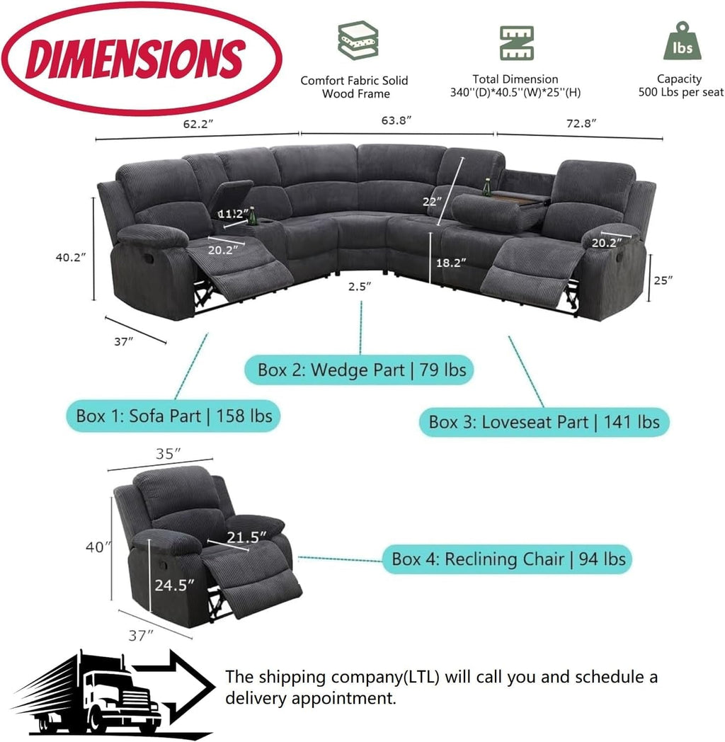 Midnight Grey Corduroy Manual Recliner Sectional Sofa ShipItFurniture