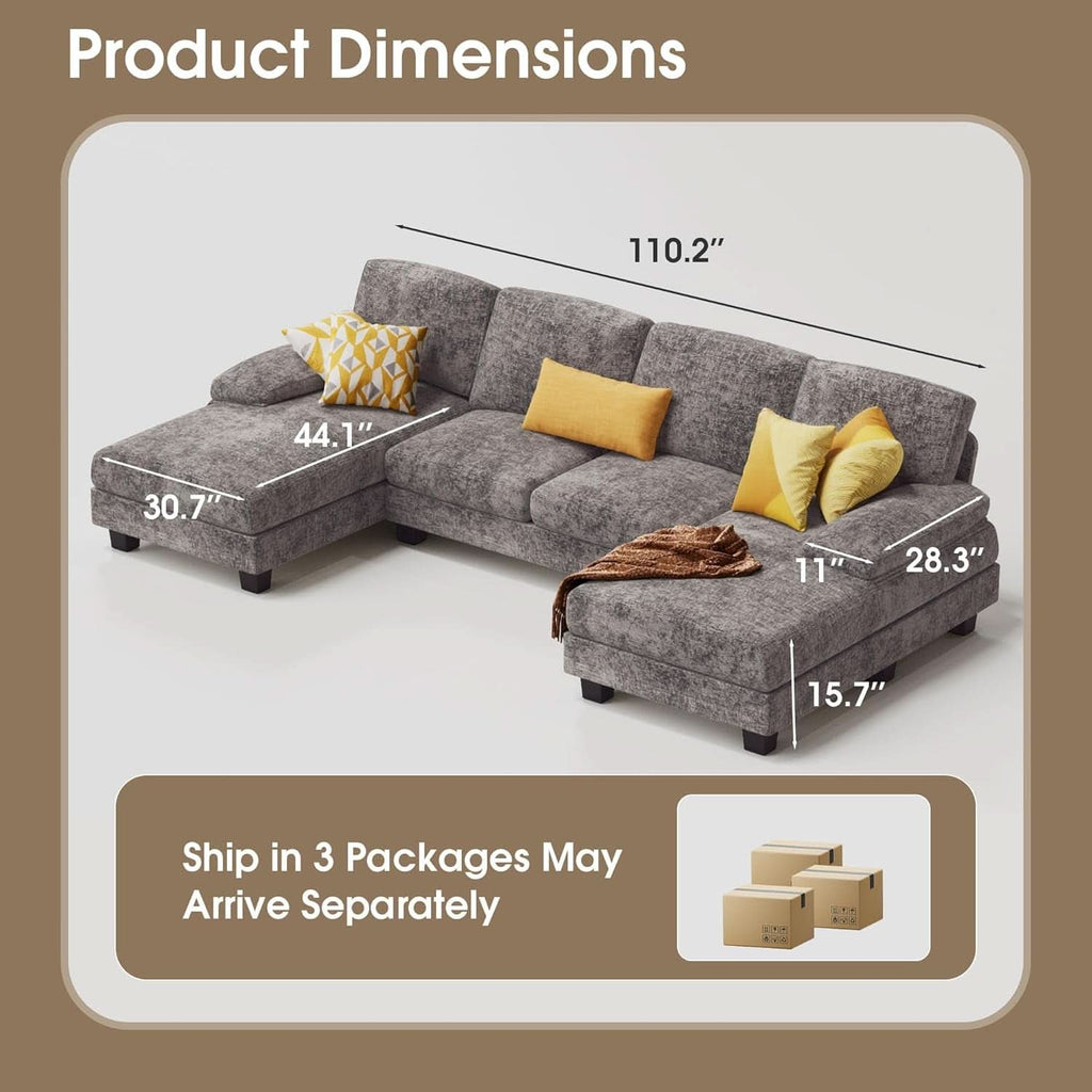 Grey Linen U Shaped Sectional Sofa Couch 4 Seat With Double Chaise ShipItFurniture