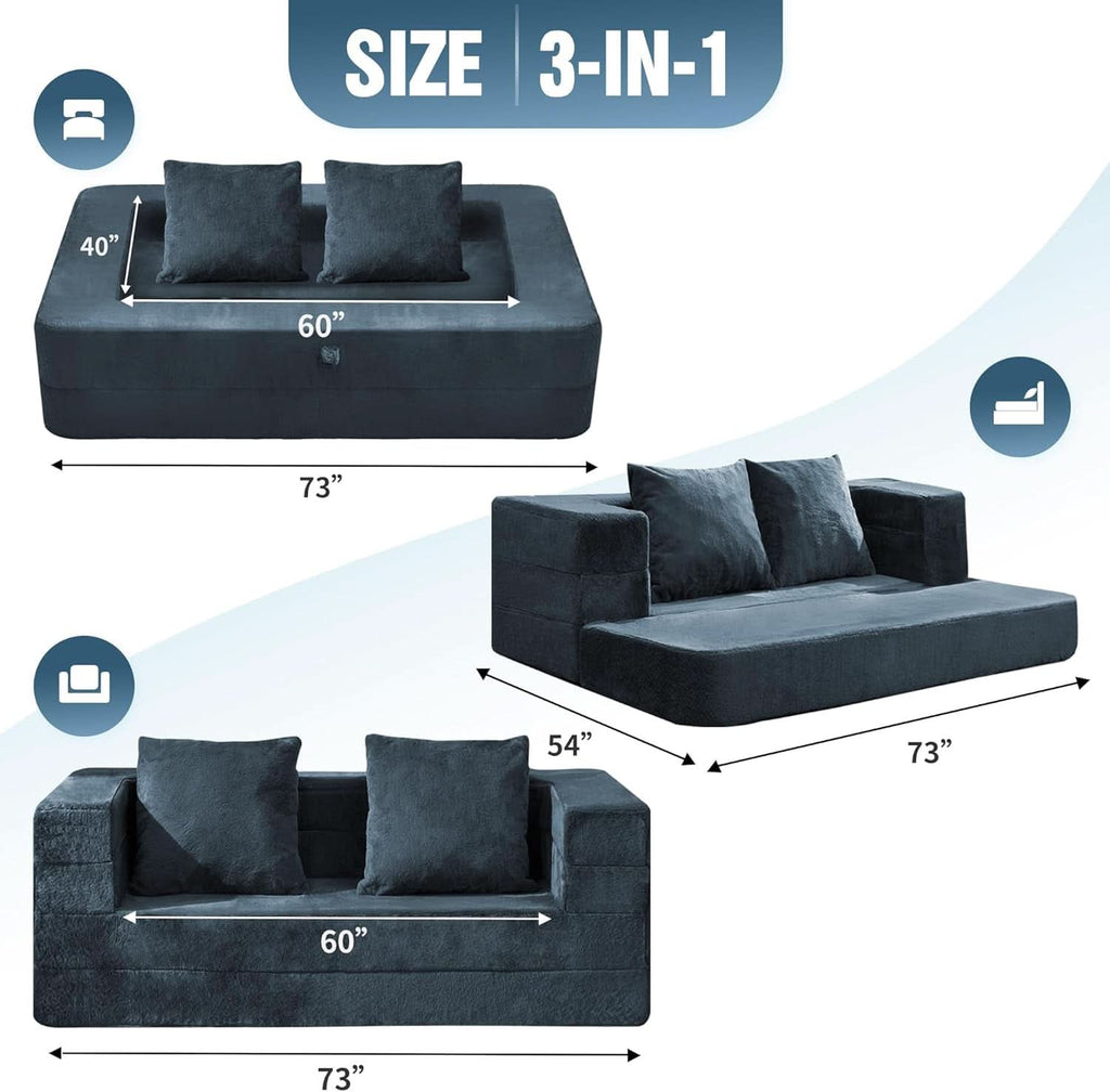 Blue Gray Large 3-In-1 Folding Bean Bag Couch Sofa Bed ShipItFurniture
