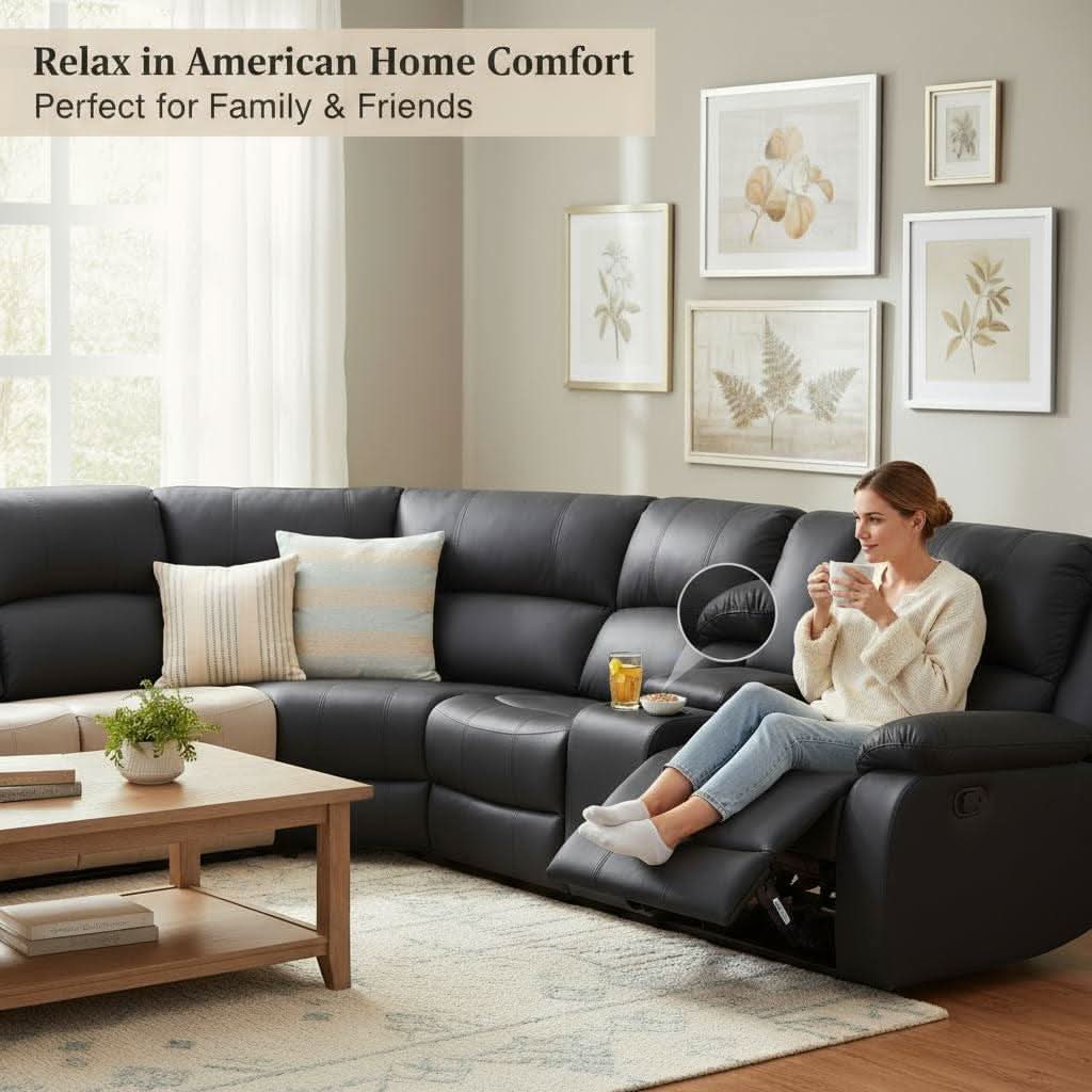 Power Reclining Leather Sectional Sofa Black Home Theater ShipItFurniture