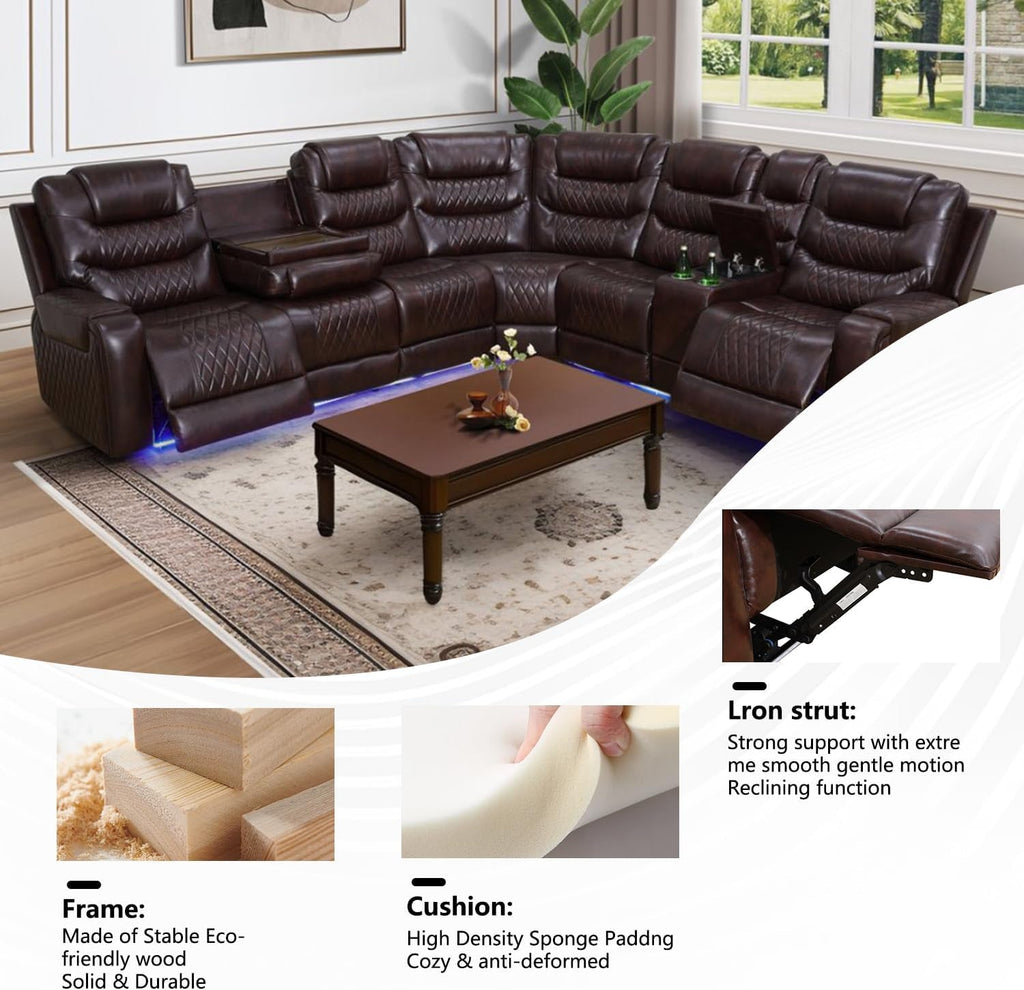 Motorized Recliner Sectional Sofa LED Lighting Brown ShipItFurniture