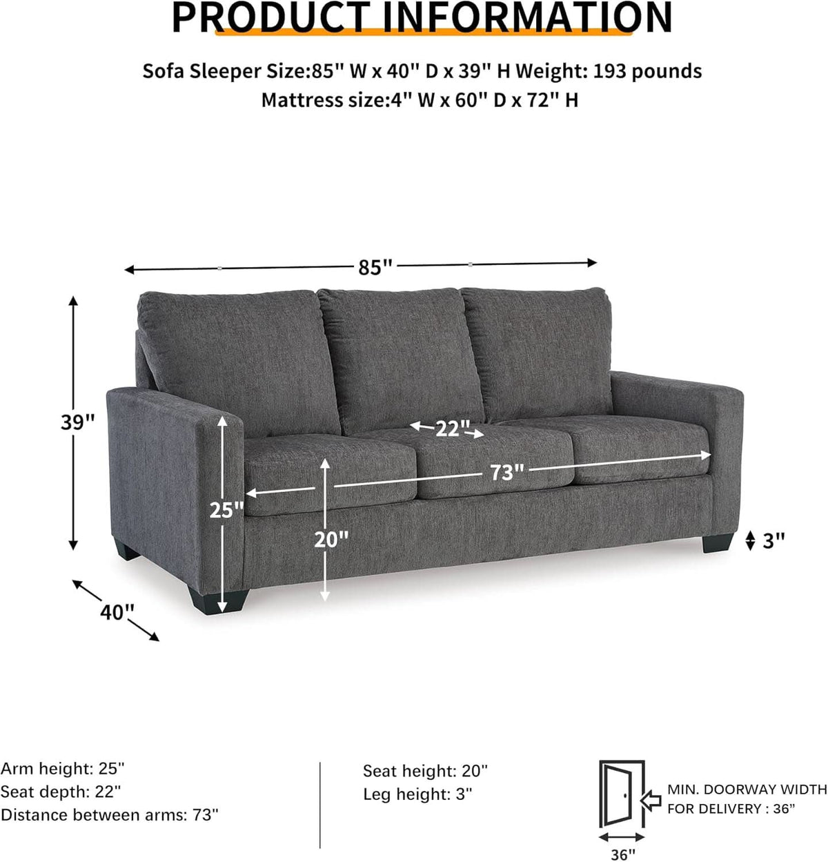 Queen Memory Foam Convertible Sofa Sleeper Charcoal ShipItFurniture