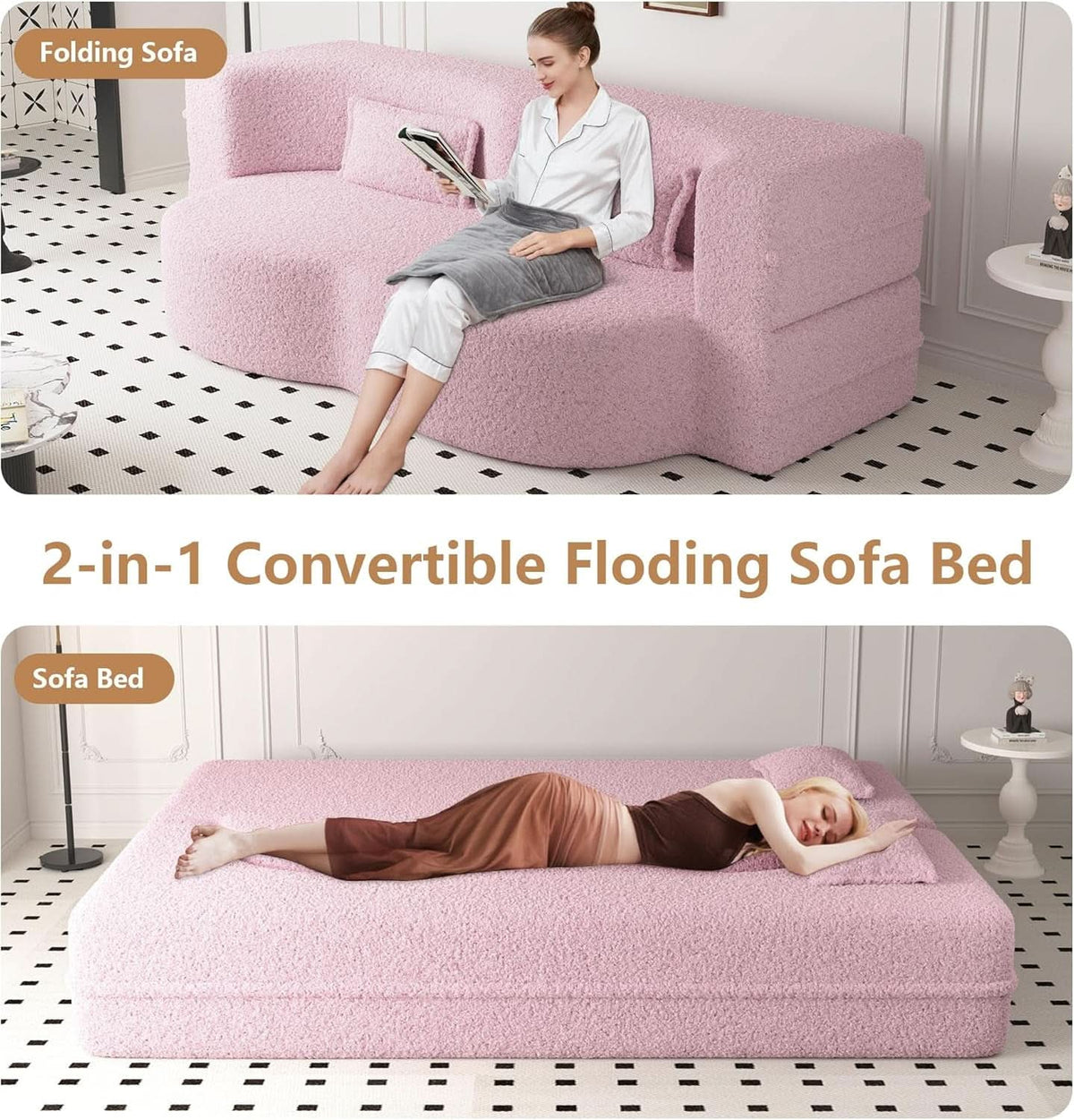 Powder Pink Ultra Comfort Contemporary Foldable Sleeper Sofa ShipItFurniture