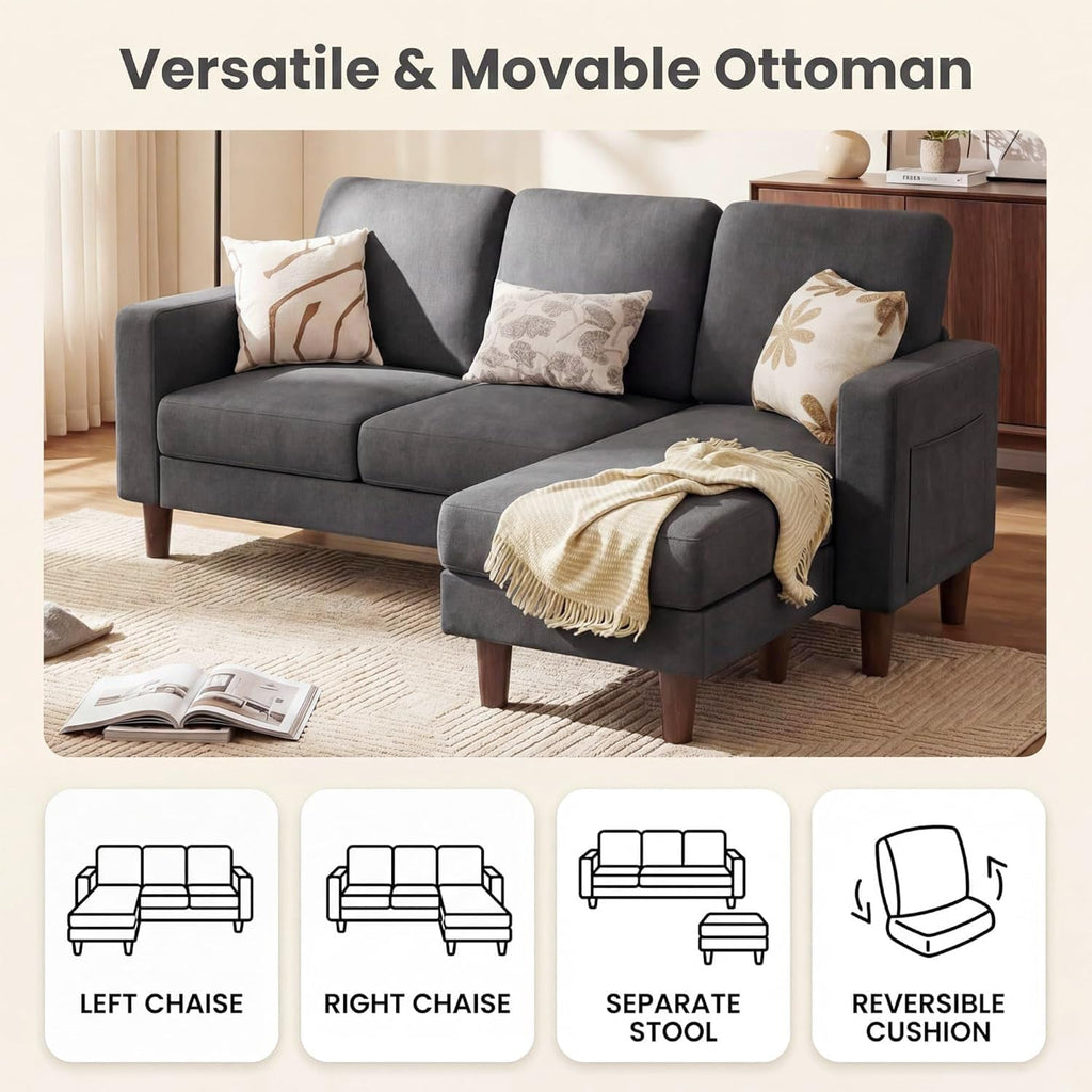 L-Shaped Sectional Sofa Graphite Grey Storage Ottoman ShipItFurniture