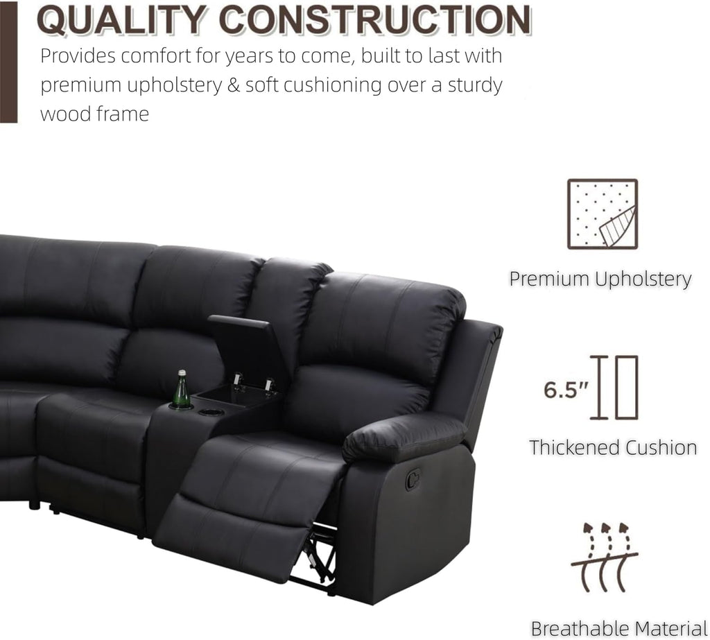 Manual Recliner Sectional Sofa Set Bonded Leather Black ShipItFurniture