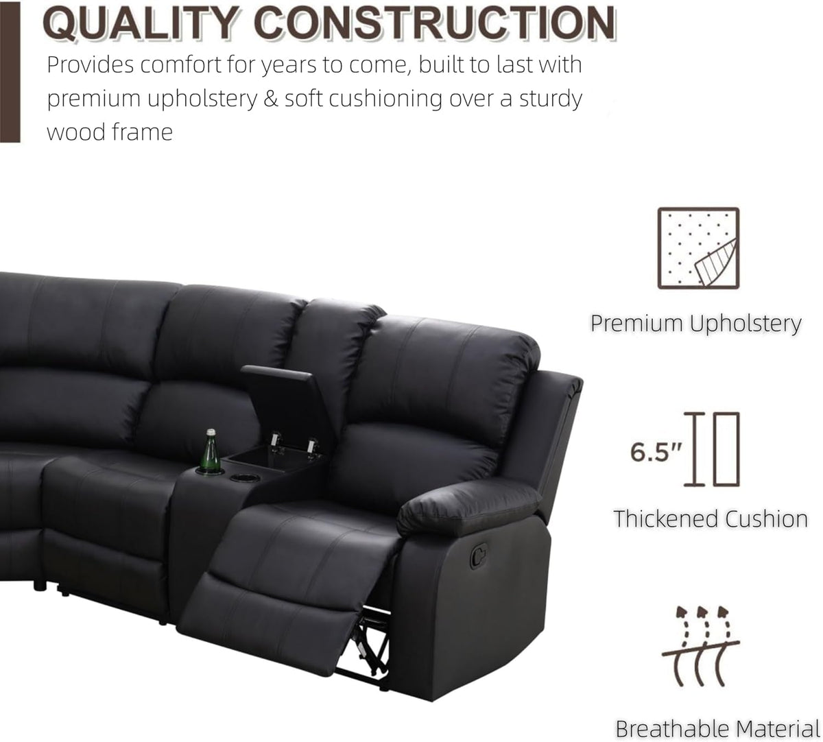 Manual Recliner Sectional Sofa Set Bonded Leather Black ShipItFurniture