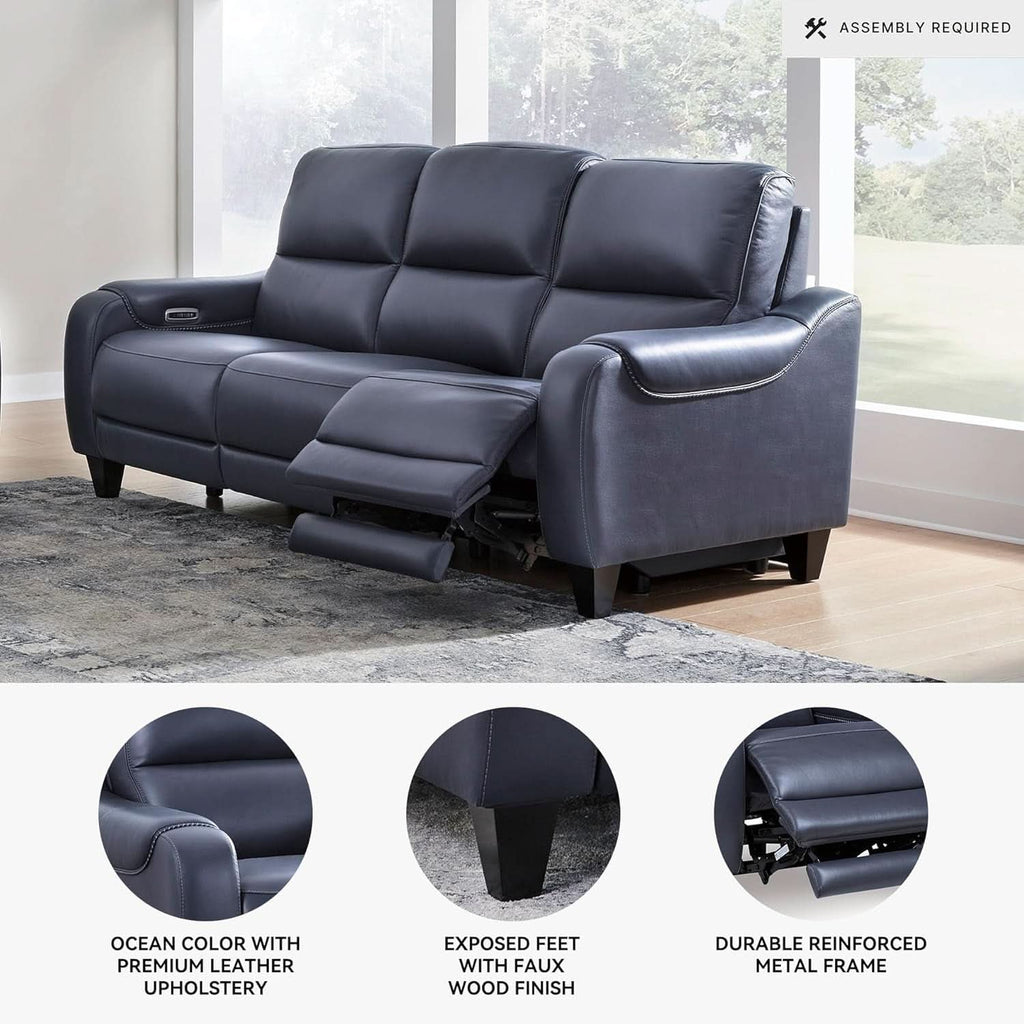 Cerulean Leather Wall Hugger Power Reclining Sofa ShipItFurniture
