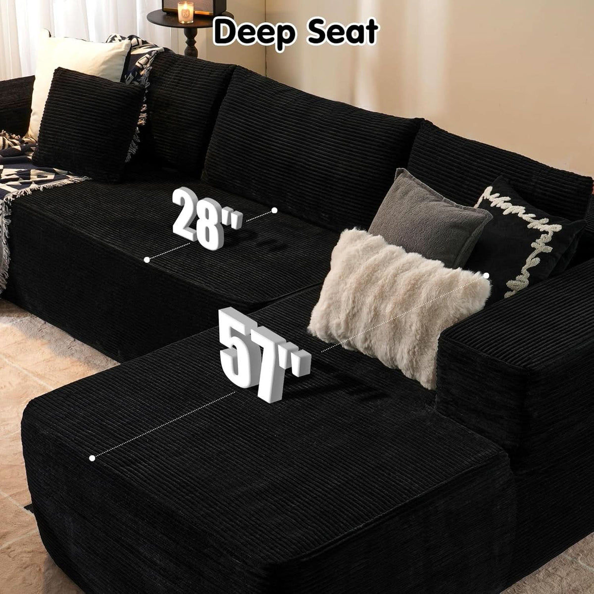104 Inch Black Corduroy L Shaped Sectional Sofa Deep Set Upholstered Modular Couch No Assembly ShipItFurniture
