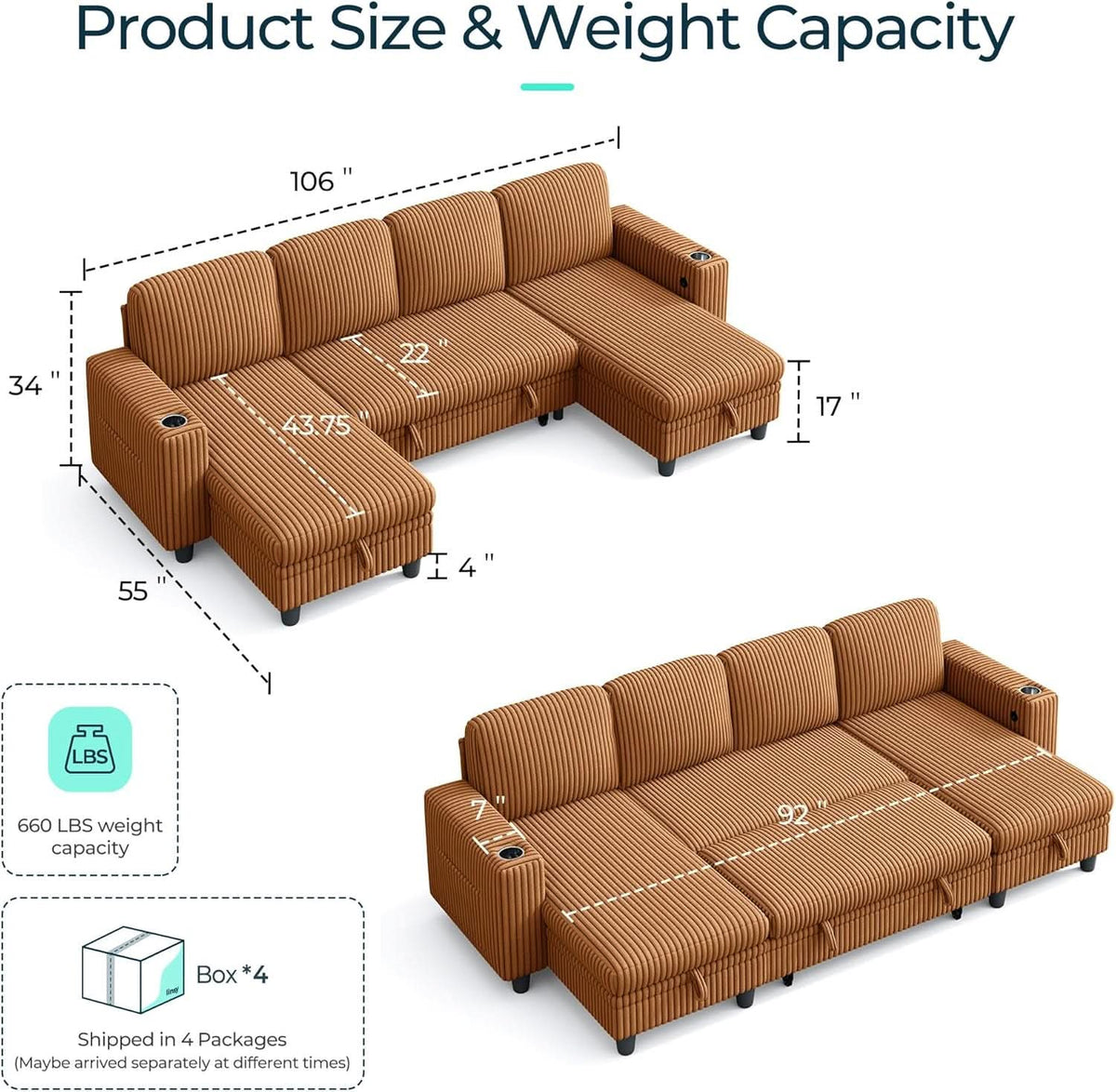 Brown UShaped Convertible Sectional Sofa Bed USBPort ShipItFurniture