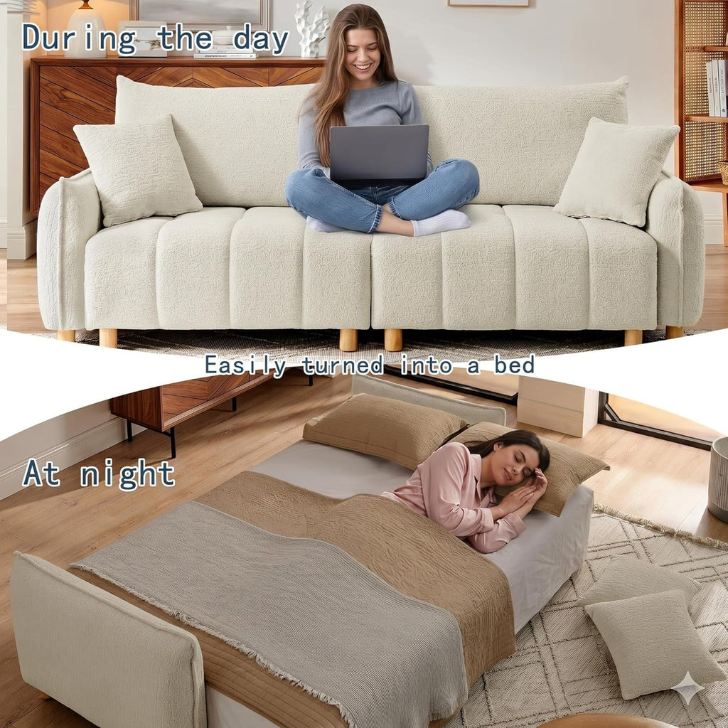 Cream Chenille Sleeper Sofa Bed With Expanded Storage ShipItFurniture