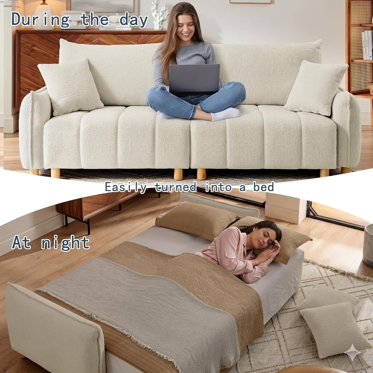 Cream Chenille Sleeper Sofa Bed With Expanded Storage ShipItFurniture