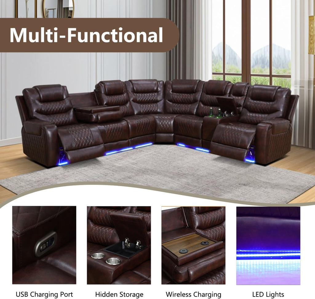 Motorized Recliner Sectional Sofa LED Lighting Brown ShipItFurniture