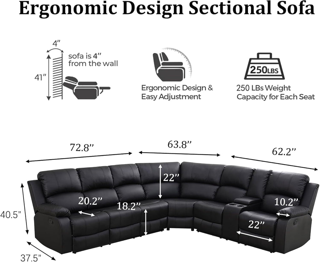 Manual Recliner Sectional Sofa Set Bonded Leather Black ShipItFurniture