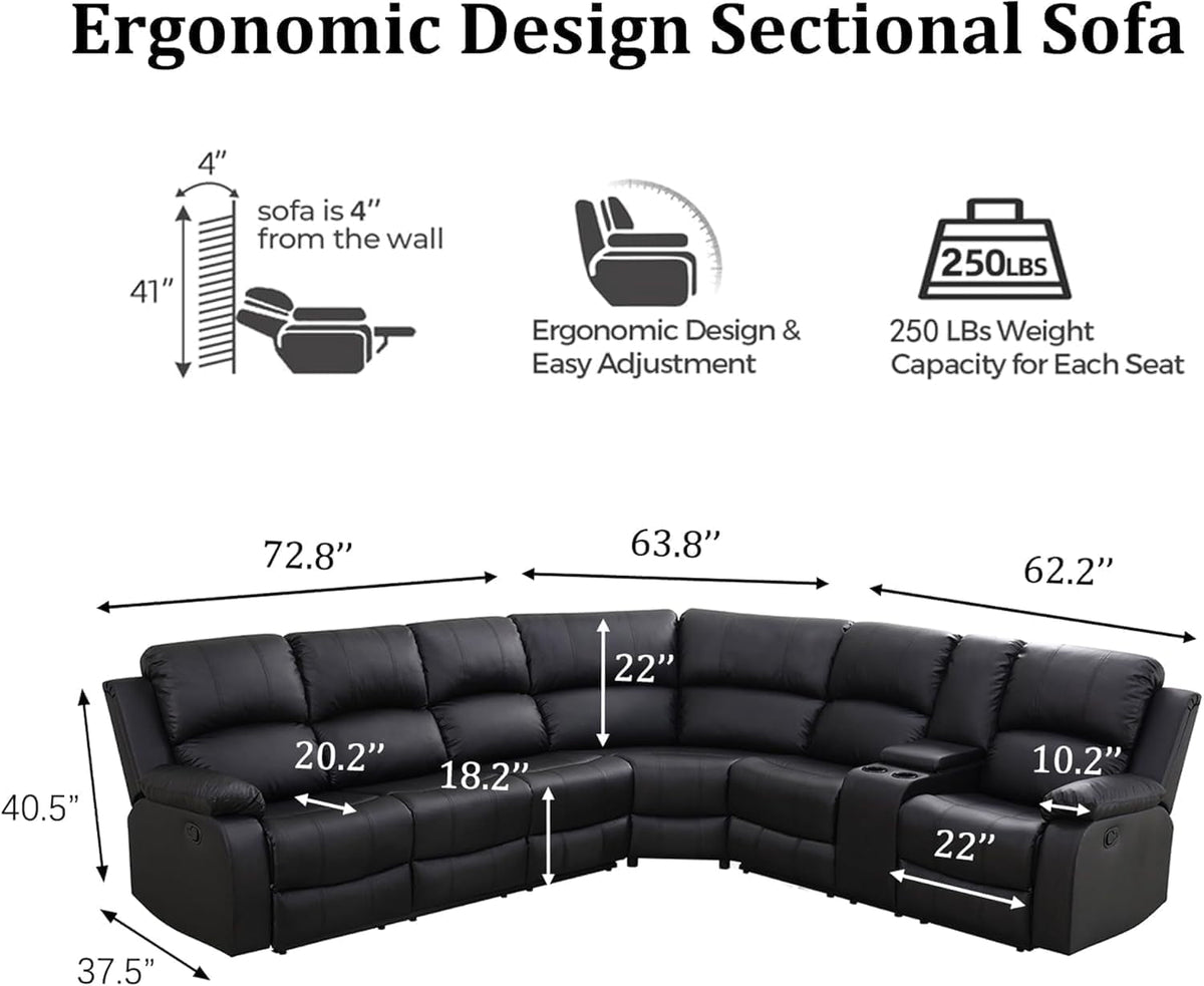 Manual Recliner Sectional Sofa Set Bonded Leather Black ShipItFurniture