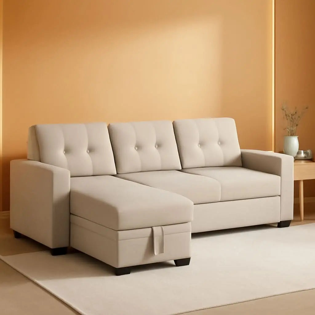 Beige L Shaped Convertible Sleeper Sectional Couch ShipItFurniture