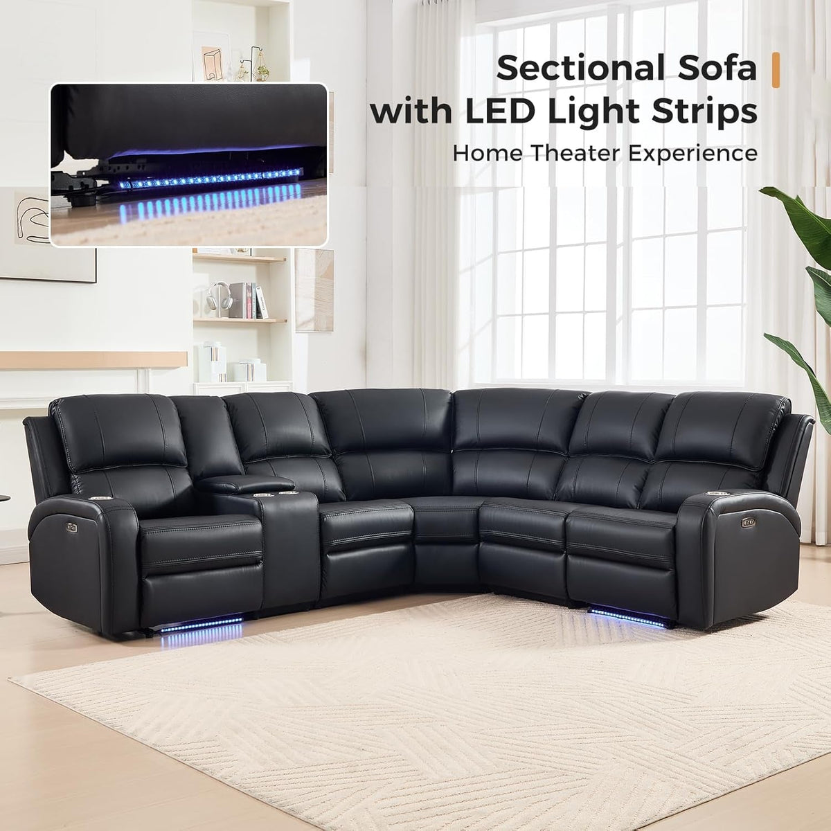 Black Motorized Reclining Sectional Sofa Featuring LED ShipItFurniture