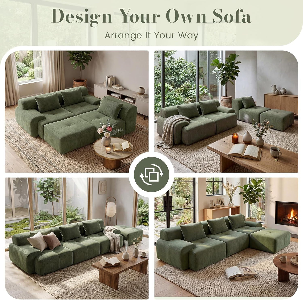 Green Corduroy 108 Inch Luxurious Sectional Sofa Set ShipItFurniture