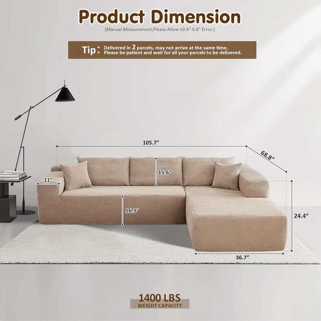 104 Inch Cloud Sectional Couch With L Shaped Chaise Modern Modular Sofa In Camel Corduroy Fabric ShipItFurniture