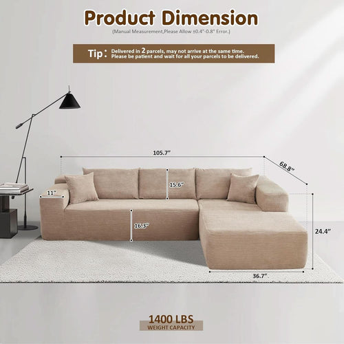 104 Inch Cloud Sectional Couch With L Shaped Chaise Modern Modular Sofa In Camel Corduroy Fabric ShipItFurniture
