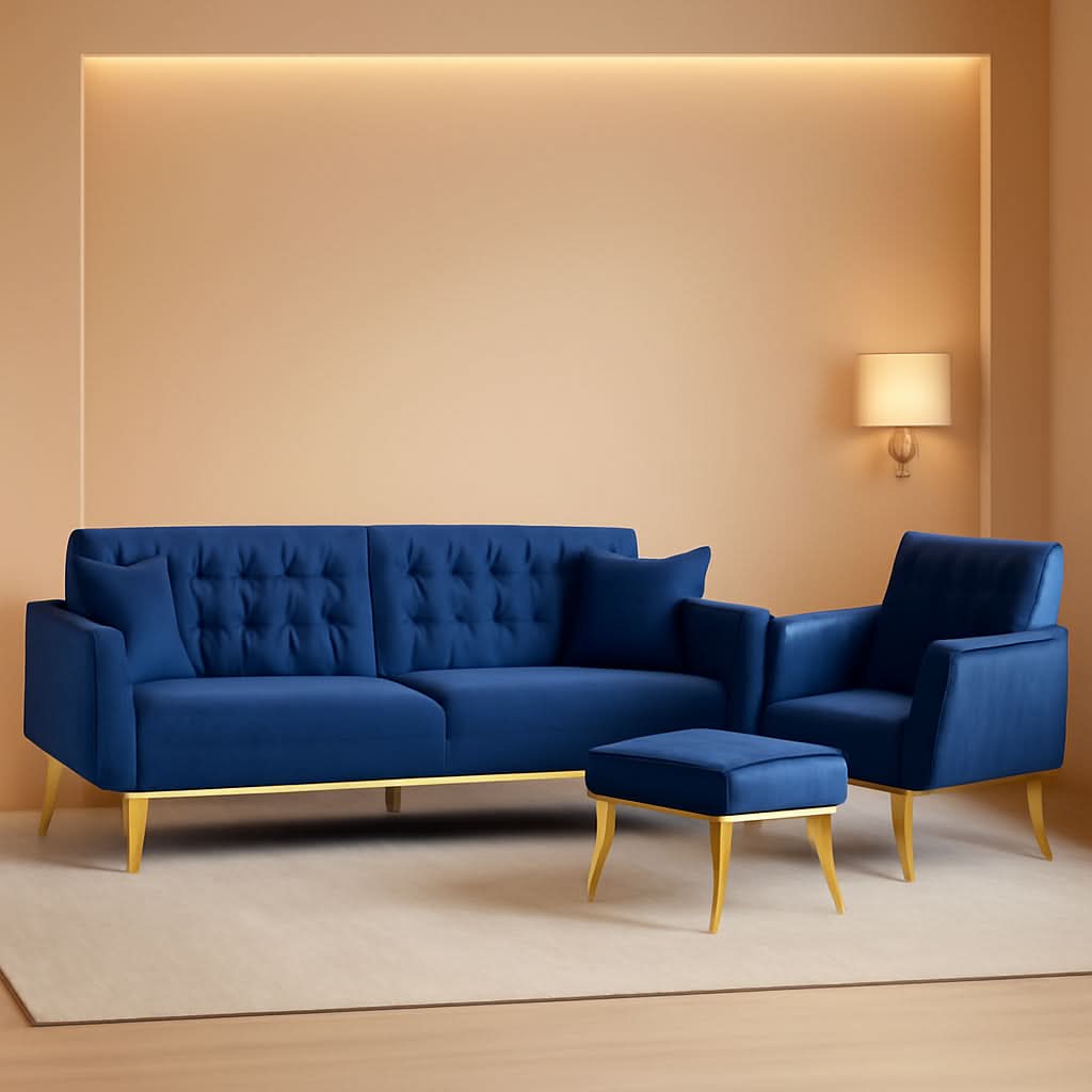 Velvet Futon Sofa Set Two Piece With Convertible Sofa Bed And Tufted Accent Chair In Blue ShipItFurniture