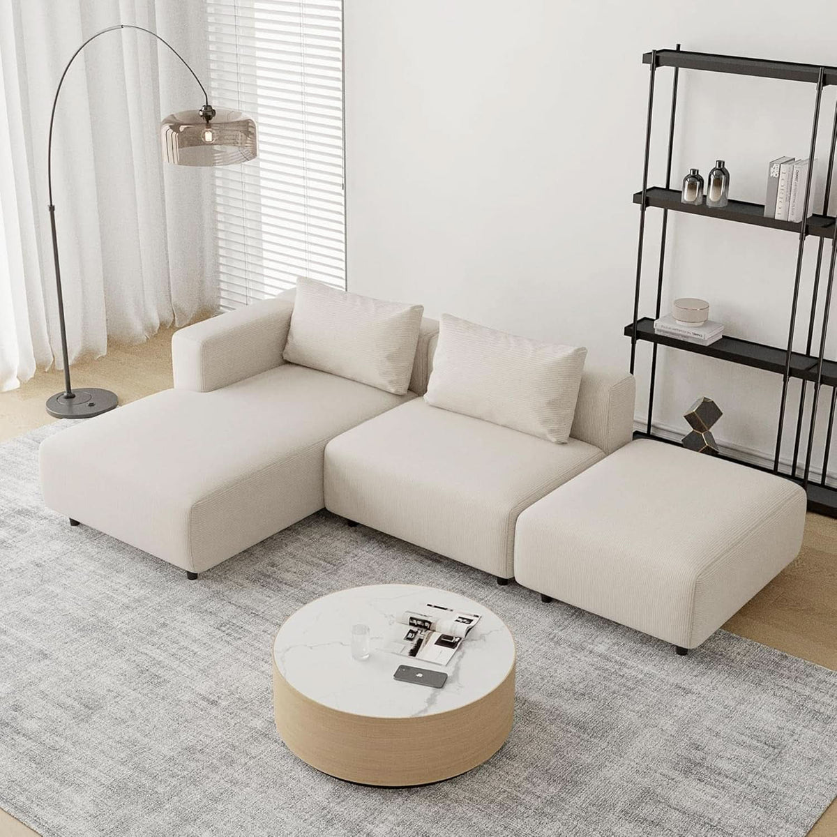 Soft Corduroy Sectional Sofa Set L Shaped Cream Modular ShipItFurniture